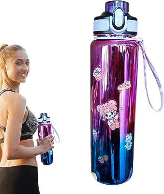 大きなウォーターボトル,ステッカー付きデイリーウォーターボトルを電気メッキ - 35オンス グラデーションカラー モチベーションを高めるウォーターボトル ストラップとストロー付き 漏れ防止 ビッグウォーターボトル スポーツ用 Oric